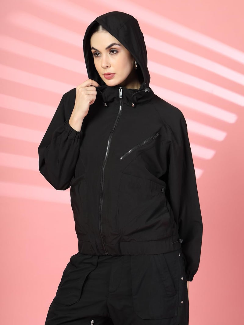 CHKOKKO Womens Stylish Oversized Windcheater Jacket with Zip Closure Lightweight Sportswear for Running Travel Hiking Outdoor and Rainy Season Wear Black XL - Image 4