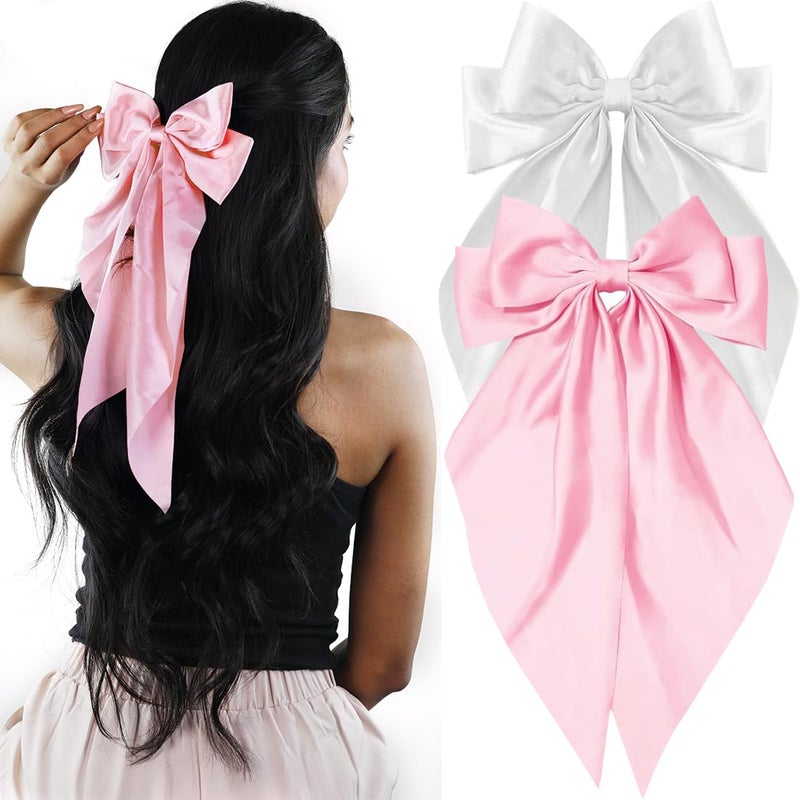 kapimo 2 Pcs Bow Hair Clips for Women Girls Satin layered Barrette Ribbon Hairclips Stylish Cute Hair Accessories (White - Pink) - Image 1