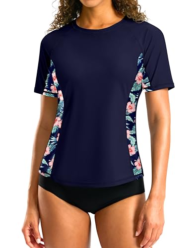 SANTINY Rash Guard for Women UPF 50 Bathing Suit Sun Protection Short Sleeve Swimsuit Top Quick Dry Swim Shirts for Women Navy Floral_M - Image 1