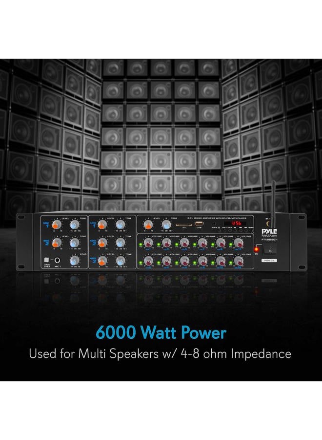 Pyle 12-Channel Wireless Bluetooth Power Amplifier - 6000 Watts Maximum Power Output, Multi-Zone Audio Source Mixer Receiver with USB, SD, AUX Inputs, and Digital LED Display Panel - Image 3