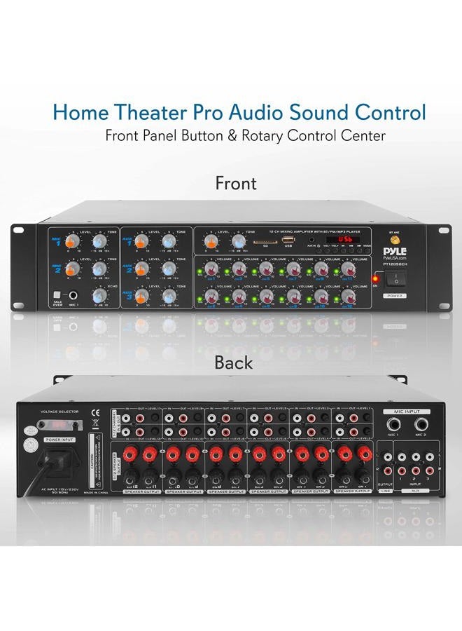 Pyle 12-Channel Wireless Bluetooth Power Amplifier - 6000 Watts Maximum Power Output, Multi-Zone Audio Source Mixer Receiver with USB, SD, AUX Inputs, and Digital LED Display Panel - Image 2