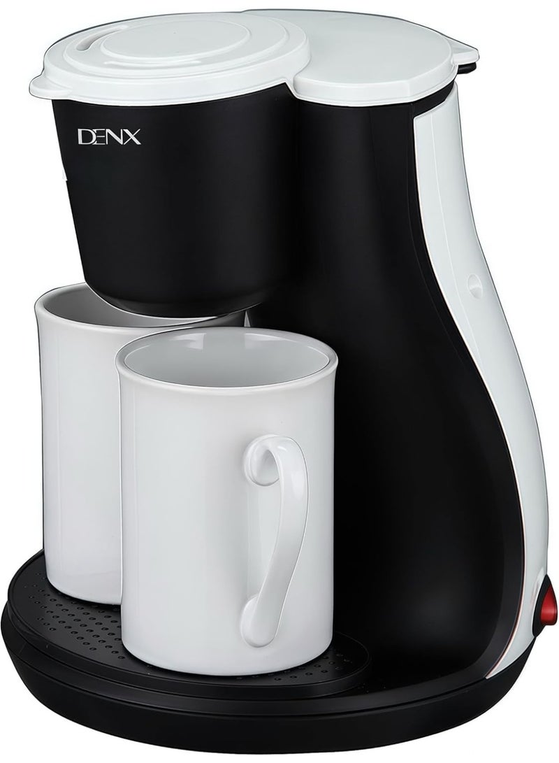 DENX DX3414 Mini Drip Coffee Maker – 450W Portable Electric Single/Double Cup Coffee & Tea Machine, 240ml Capacity, Permanent High-Density Filter, Includes 2 Porcelain Cups, Compact for Home & Office - Image 1