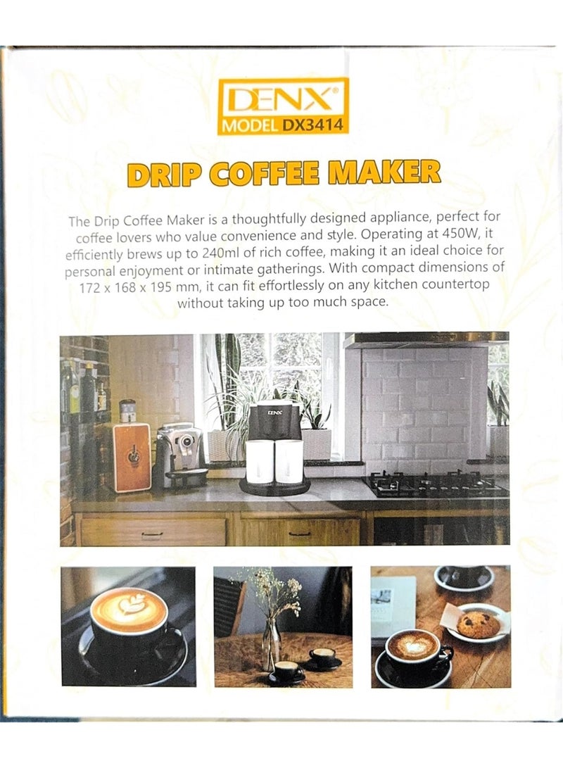DENX DX3414 Mini Drip Coffee Maker – 450W Portable Electric Single/Double Cup Coffee & Tea Machine, 240ml Capacity, Permanent High-Density Filter, Includes 2 Porcelain Cups, Compact for Home & Office - Image 5