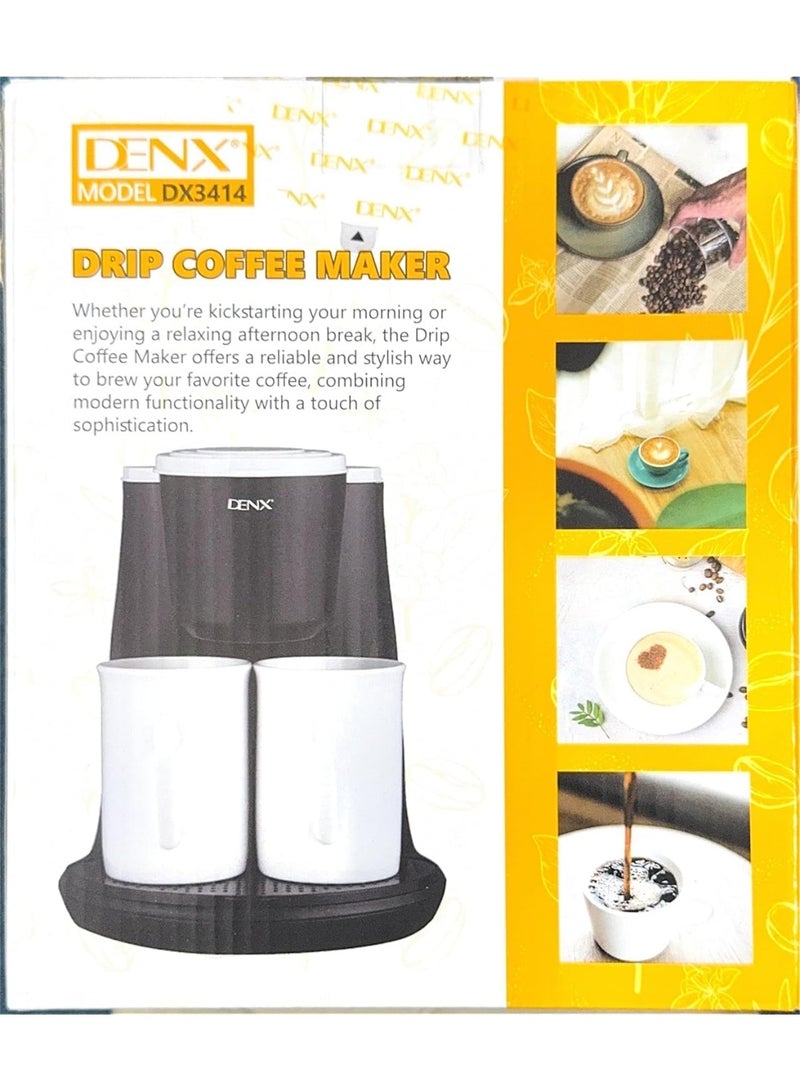 DENX DX3414 Mini Drip Coffee Maker – 450W Portable Electric Single/Double Cup Coffee & Tea Machine, 240ml Capacity, Permanent High-Density Filter, Includes 2 Porcelain Cups, Compact for Home & Office - Image 4