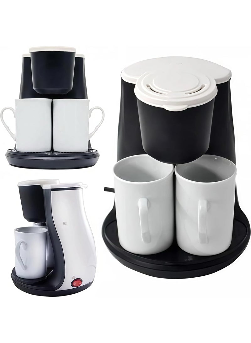 DENX DX3414 Mini Drip Coffee Maker – 450W Portable Electric Single/Double Cup Coffee & Tea Machine, 240ml Capacity, Permanent High-Density Filter, Includes 2 Porcelain Cups, Compact for Home & Office - Image 2