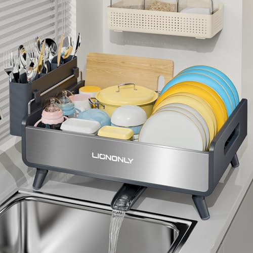 LIONONLY Dish Drying Rack with Drain Board, 304 Stainless Steel Core, Aluminum Rustproof Frame, Anti-Slip Elevated Feet, Removable Adjustable Spout, Utensil Holder, Gray - Image 1