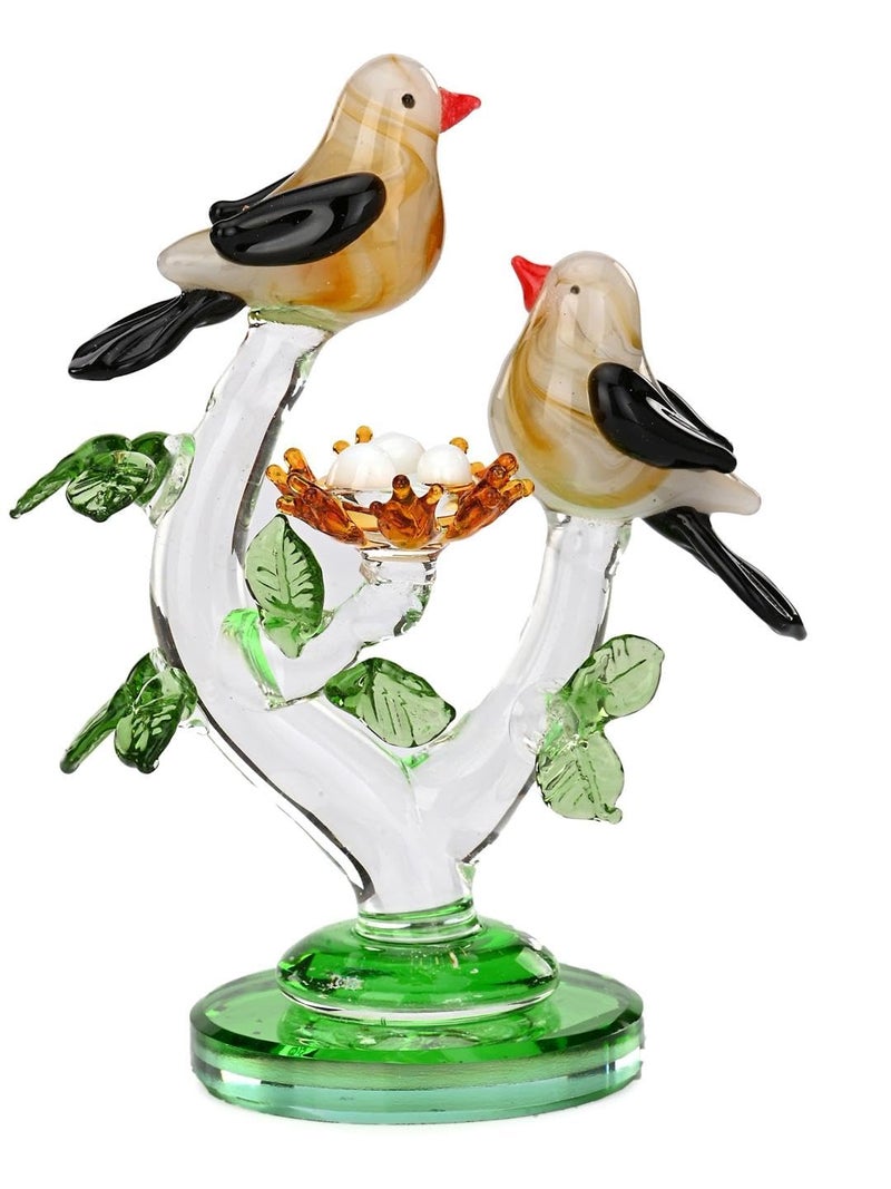 Somil Bird Couple Caring for His Chicks in Nest On A Tree Crystal Glass Decorative Gifting Showpiece, Multi, 7 X 5 X 13 Cm, Made By Hand from Expert Artisans - Image 1