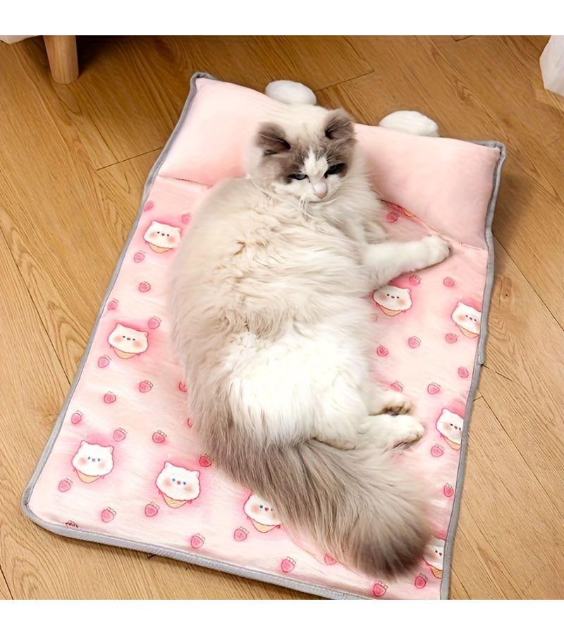 A Stylish Cooling Mat Ideal for Both Dogs And Cats Featuring a Summer Themed Pink Strawberry Design Made from Durable Nylon Perfect for Small Pets Offering Breathability And Comfort While Being Heat Resistant Size 16 93 x 12 6 x 1 97 Inches - Image 3