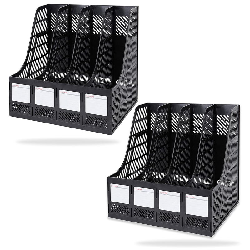 DaKos Multipurpose Plastic 4 Compartments File Rack Paper Holder Desktop, File Holders Organizer Box (Black) Pack of 2 - Image 1