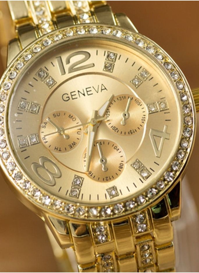 Geneva Luxury Geneva Brand Women Gold Stainless Steel Quartz Watch Military Crystal Casual Wrist Watches Rhinestone  - Image 2