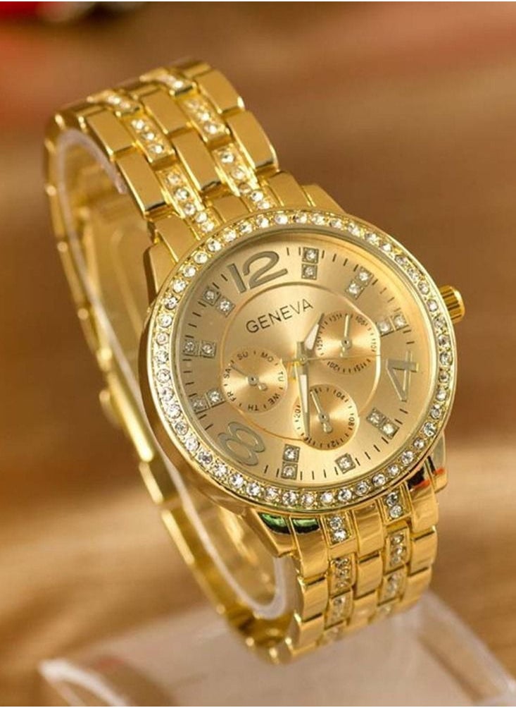 Geneva Luxury Geneva Brand Women Gold Stainless Steel Quartz Watch Military Crystal Casual Wrist Watches Rhinestone  - Image 1