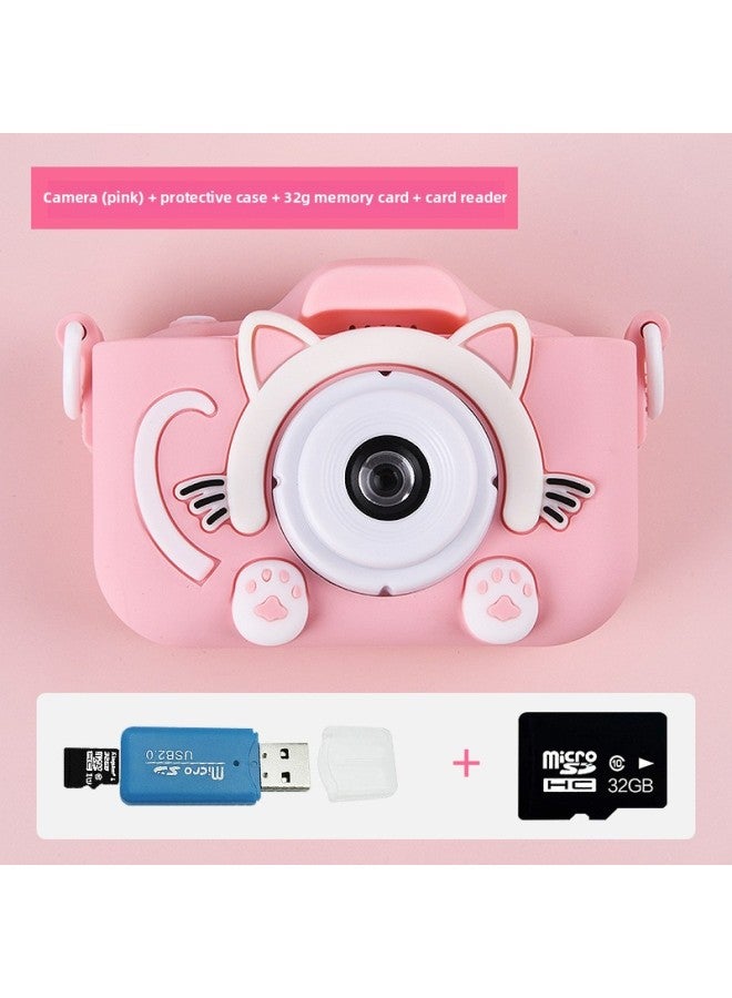 Generic Children's Camera HD SLR Micro Single Digital Camera Student Party Big Head Sticker Video Recorder Camera Toy-Body Color:X200-Puqing 800W Pixel-Powder + Protective Cover +32G Memory Card + Card Reader  - Image 1
