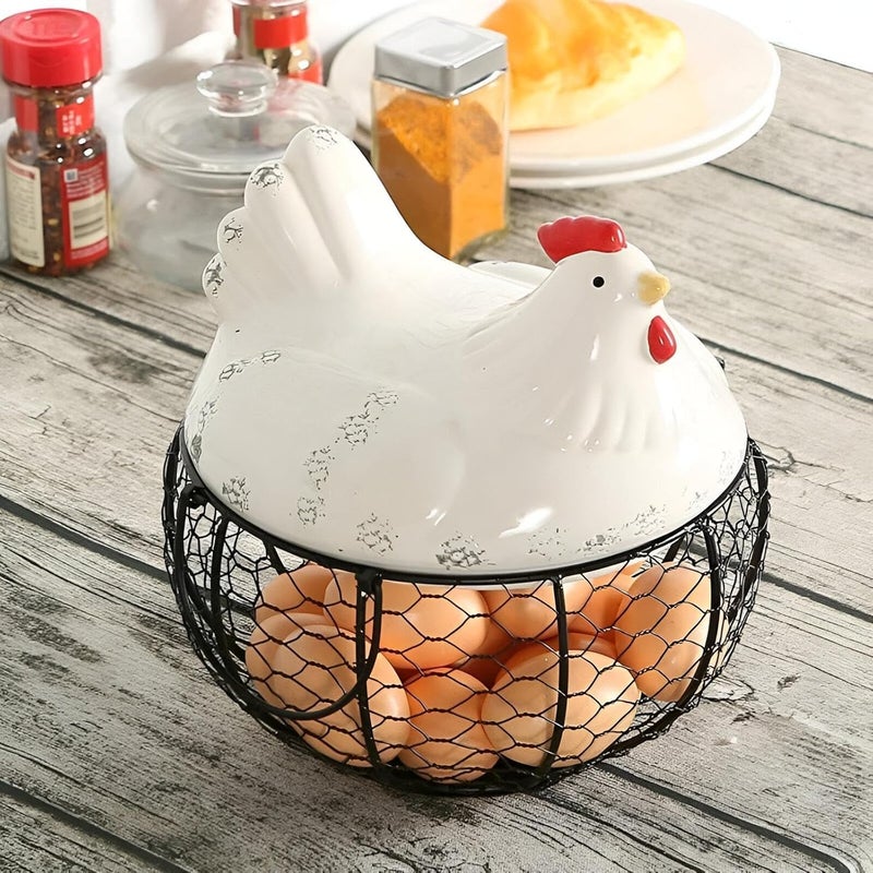 Metal Chicken Egg Storage Basket with Decorative Lid for Kitchen Space Saving (KH) - Image 3