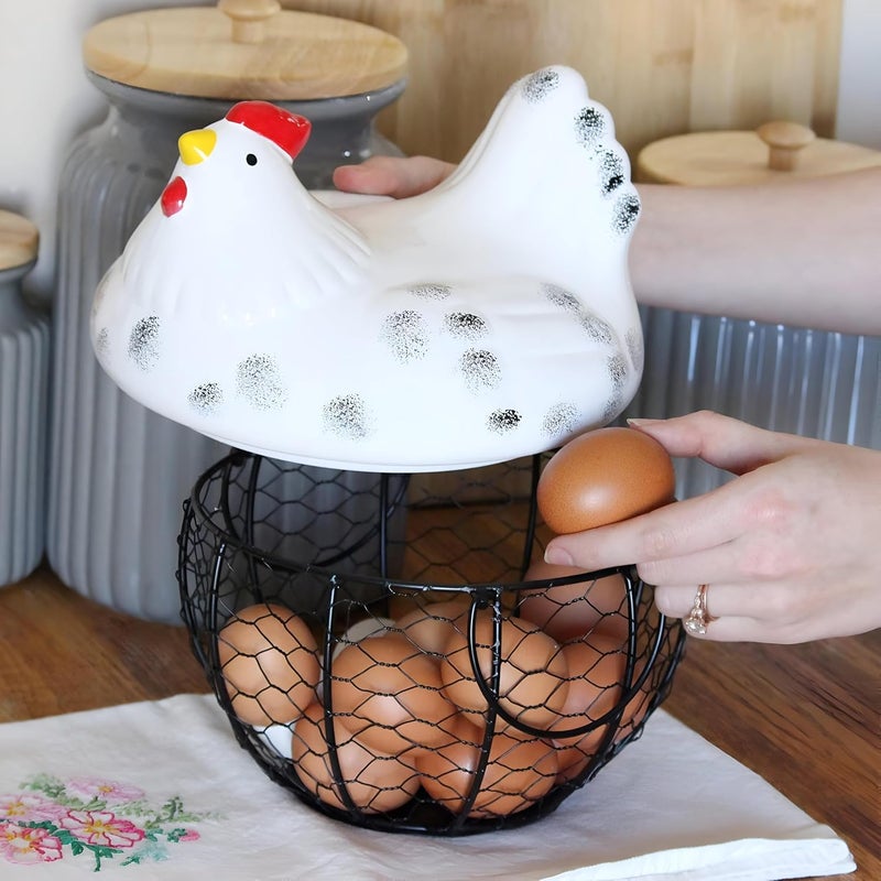 Metal Chicken Egg Storage Basket with Decorative Lid for Kitchen Space Saving (KH) - Image 1