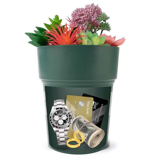 BARGIFTS Flower Pot Diversion Safe with Hidden Storage-Hidden Safe for Storing Valuables,Secret Stash Key Hider,Hide a Key, Artificial Plants Include, Green - Image 1