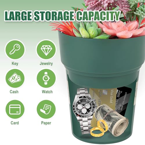 BARGIFTS Flower Pot Diversion Safe with Hidden Storage-Hidden Safe for Storing Valuables,Secret Stash Key Hider,Hide a Key, Artificial Plants Include, Green - Image 2