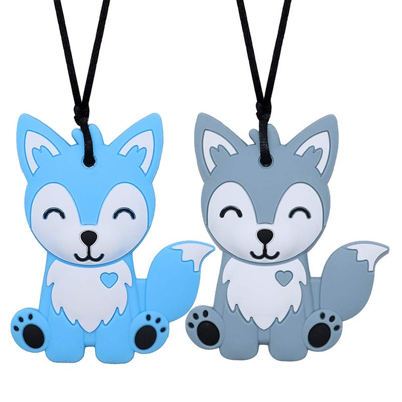 Sensory Chew Necklaces for Kids Boys and Girls 2 Pack Fox Silicone Chewy Toys for Autism ADHD SPD Chewy Oral Motor Chewing Toy for Adults BlueGrey