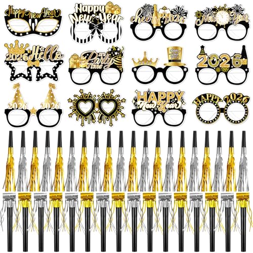 Openfly 60Pcs New Years Eve Party Supplies 2026 Happy New Year Eyeglasses with New Year Noise Makers Metallic Fringed Party Blowers for 2026 New Years Party Decorations - Image 1
