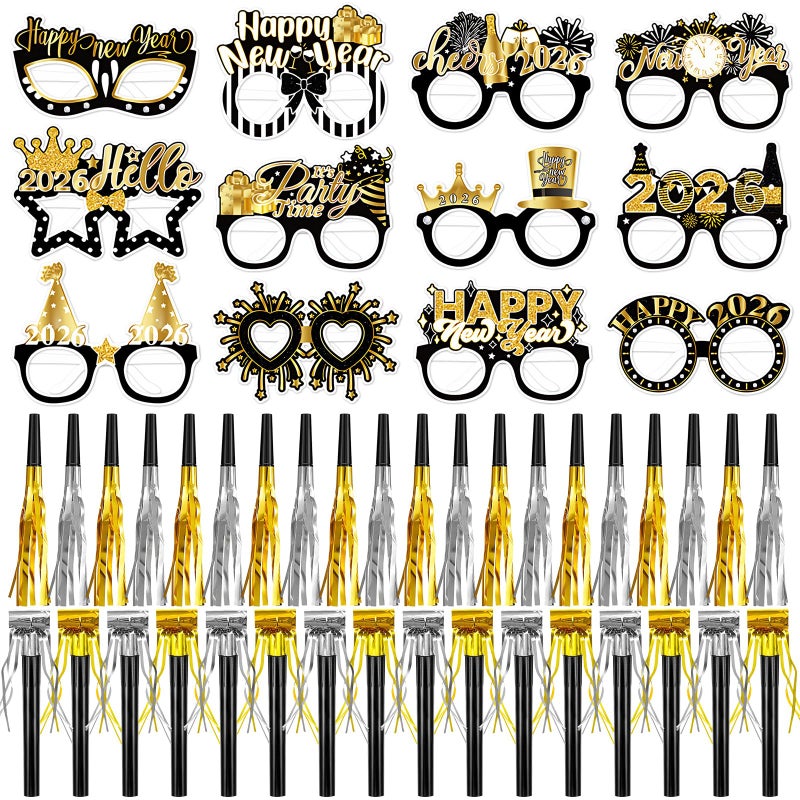 Openfly 60Pcs New Years Eve Party Supplies 2026 Happy New Year Eyeglasses with New Year Noise Makers Metallic Fringed Party Blowers for 2026 New Years Party Decorations - Image 3
