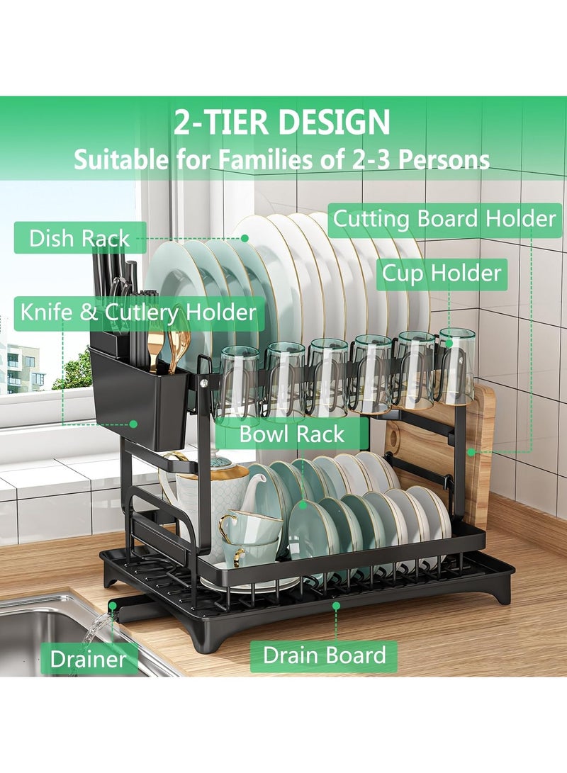 DubaiGallery Foldable 2 Tiers Dish Drying Stand With Rotatable Drainage System Scratch Resistant Frosted Baking Process Coatings Black  - Image 2