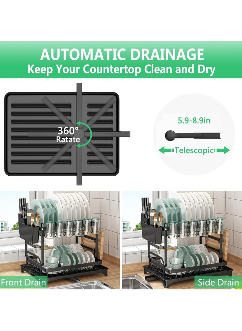 DubaiGallery Foldable 2 Tiers Dish Drying Stand With Rotatable Drainage System Scratch Resistant Frosted Baking Process Coatings Black  - Image 4