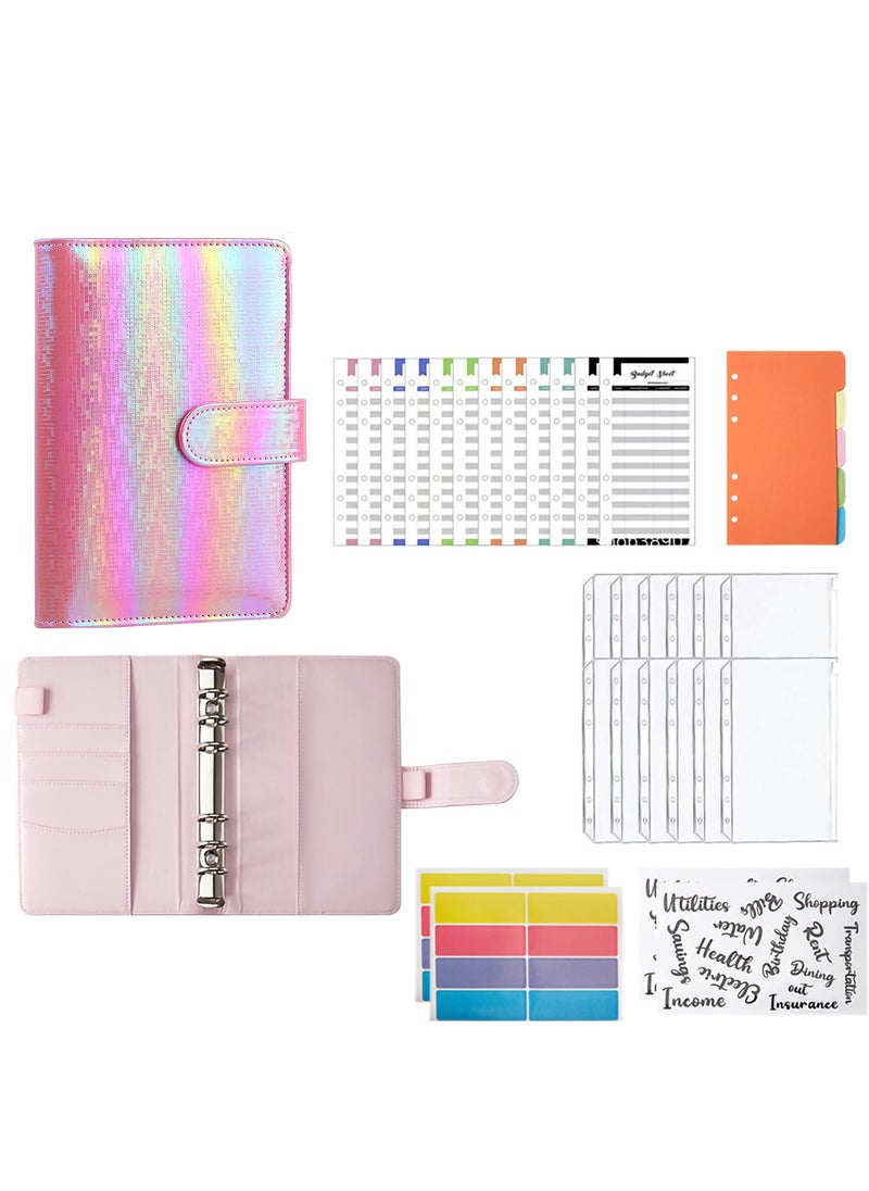 Generic A6 Cash Envelopes Budget Binder,6 Ring Leather Notebook Binder Cover Binder Money Organizer Zippe Pockets,12pcs Expense Budget Sheets, 2pcs Letter Sticker Labels, Saving Cash Envelopes System (Pink)  - Image 1