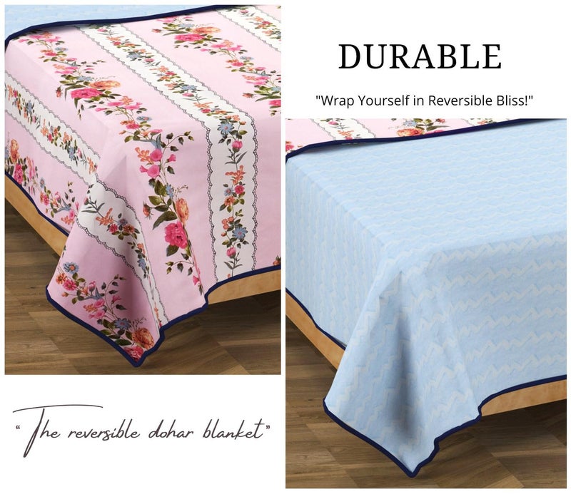 BSB HOME Pure Cotton 120 GSM Reversible Soft Lightweight Printed Double Bed Blanket/AC Dohar/Skin Friendly Dohar-220 x 230 cm - Light Pink and Blue - Image 5