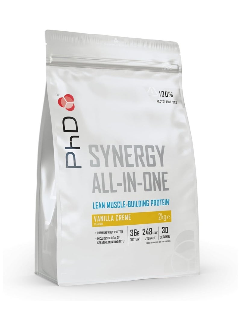 PhD Synergy All in one Lean Muscle Building Protein, Vanilla Creme Flavour, Premium Whey Protein, 3000mg of Creatine Monohydrate, 30 Servings 36g Protein  - Image 1