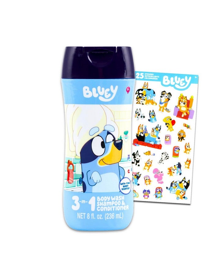 Bluey Kids Shampoo, Conditioner, Body Wash 8 Oz Bottle - Bundle with 3-in-1 Berry Scented Body Wash, Shampoo & Conditioner Plus Stickers | Bluey Bathroom Set - Image 1