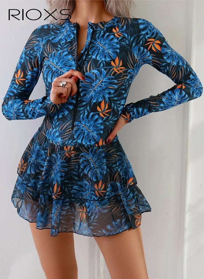 RIOXS Women's Long-Sleeve UV-Protective One-Piece Swimsuit, Round-Neck Surfing and Diving Suit with Front Zipper, Fitted Waist Printed Swimsuit with Flowing Tulle Skirt for Modesty, Perfect for Beach Vacations, Travel, Hot Springs, Swimming Pools, Surfing, and Beach Sports, Blue - Image 1