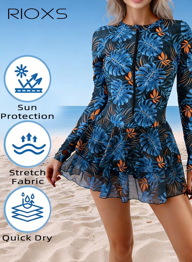 RIOXS Women's Long-Sleeve UV-Protective One-Piece Swimsuit, Round-Neck Surfing and Diving Suit with Front Zipper, Fitted Waist Printed Swimsuit with Flowing Tulle Skirt for Modesty, Perfect for Beach Vacations, Travel, Hot Springs, Swimming Pools, Surfing, and Beach Sports, Blue - Image 5