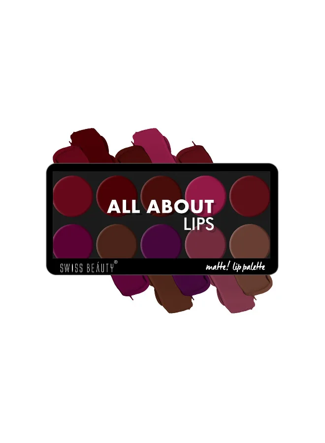 سويس بيوتي Swiss Beauty All About Lip Palette With 10 Pigmented Colors |Creamy Matte Finish Lip Colors Lipstick |Travel Friendly Lip Palette | Multicolor-03, 12gm