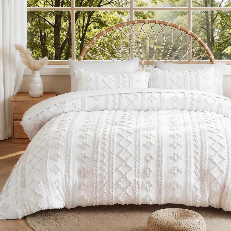 MR&HM White Boho Comforter Set, Farmhouse Bedding Set, Queen Bed in a Bag Set 7 Pieces with 1 Comforter, 2 Pillow Shams, 2 Pillowcases, 1 Flat Sheet, 1 Fitted Sheet for All Seasons - Image 1