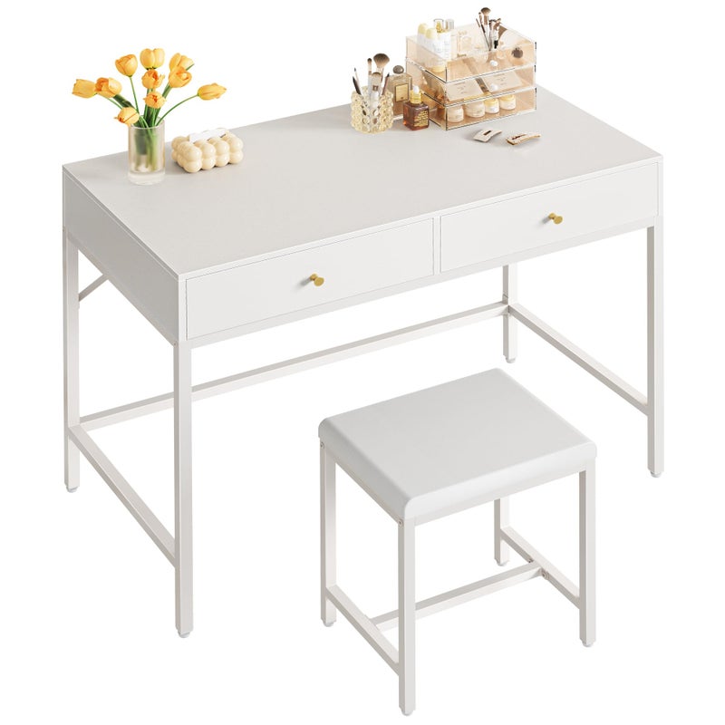 SUPERJARE 354 White Desk with 2 Drawers Modern Makeup Vanity with Padded Stool Small Computer Desk Home Office Desk for Writing Study Bedroom