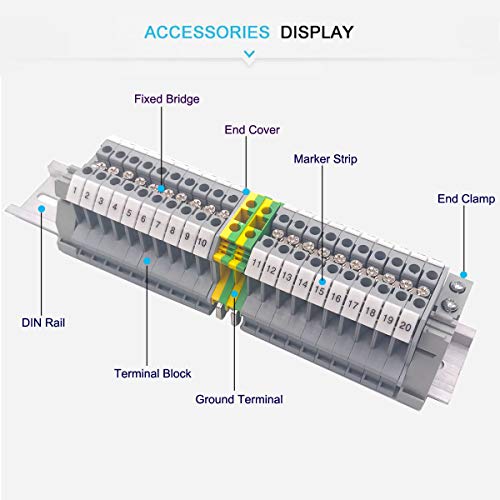 Erayco DIN Rail Terminal Blocks Kit, 20PCS UK2.5B Terminal Blocks 12 AWG Gauge, 20A 600V, 2PCS Ground Blocks, 4PCS Jumpers, End Stopper, End Covers, Marker Strip, 1Pcs 8" Aluminum Rail - Image 2