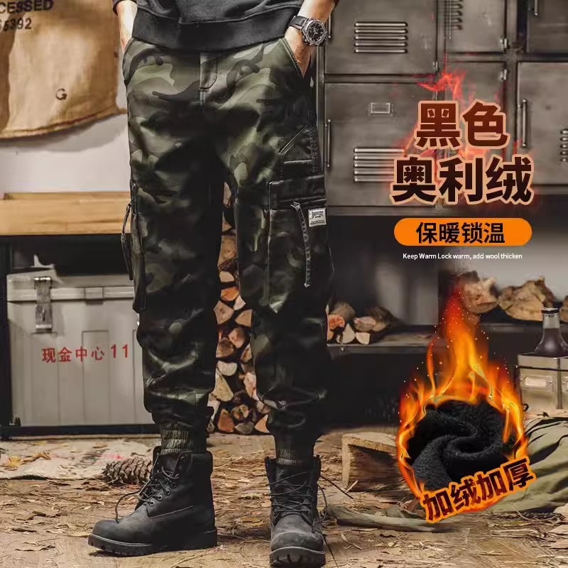 American-style heavy fleece-lined casual pants mens spring fashion brand loose straight spring and autumn fashion camouflage overalls men Khaki fleece-lined - Image 1