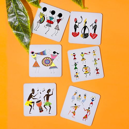 Tajnan Warli Art Coasters – Set of 6 | Tribal Folk Art Decorative Table Coasters for Tea, Coffee & Beverages - Image 2