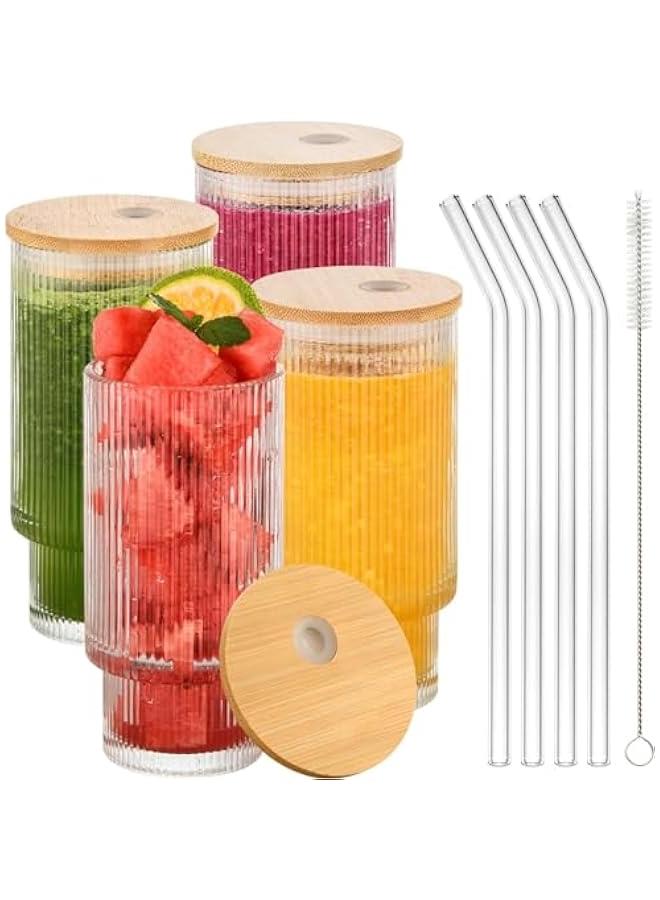 HOOKOR Set of 4 Ribbed Glasses with Bamboo Lids and Glass Straws, Fluted Vintage Rippled Clear Glassware, Origami Drinking Glasses for Juice, Beer, Iced Coffee, Tea and Cocktails (Glass) - Image 1