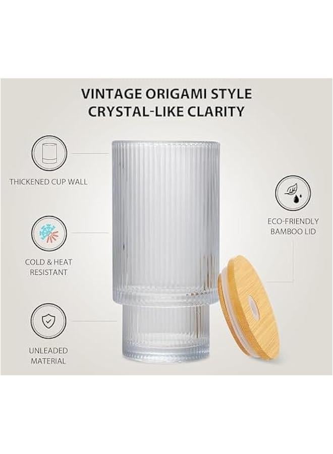 HOOKOR Set of 4 Ribbed Glasses with Bamboo Lids and Glass Straws, Fluted Vintage Rippled Clear Glassware, Origami Drinking Glasses for Juice, Beer, Iced Coffee, Tea and Cocktails (Glass) - Image 2