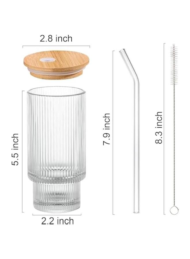 HOOKOR Set of 4 Ribbed Glasses with Bamboo Lids and Glass Straws, Fluted Vintage Rippled Clear Glassware, Origami Drinking Glasses for Juice, Beer, Iced Coffee, Tea and Cocktails (Glass) - Image 3