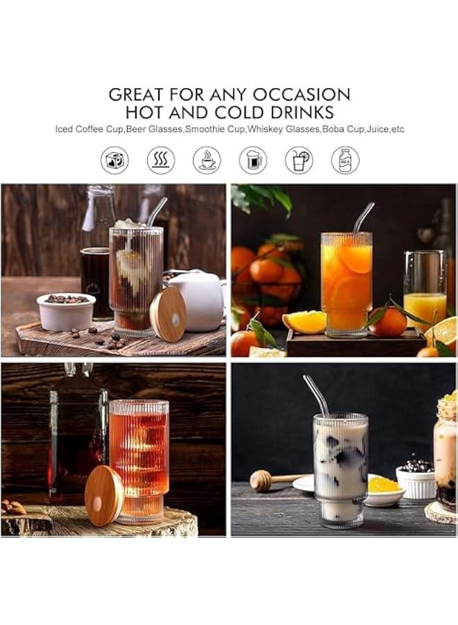 HOOKOR Set of 4 Ribbed Glasses with Bamboo Lids and Glass Straws, Fluted Vintage Rippled Clear Glassware, Origami Drinking Glasses for Juice, Beer, Iced Coffee, Tea and Cocktails (Glass) - Image 5