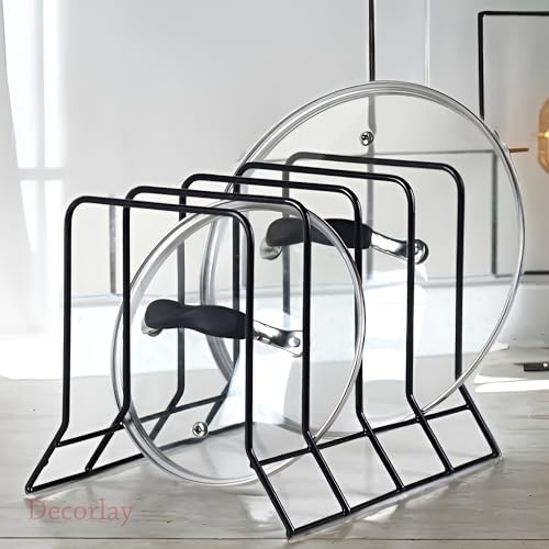 Decorlay Plate Rack Organizer Kitchen Cabinet Tiered Shelf Countertop Dish Rack Kitchen Rack Plate Stand & Accessories Items Like Pots/Pan Organizer Storage With 4 Shelves|Color-Black|Material-Iron - Image 1