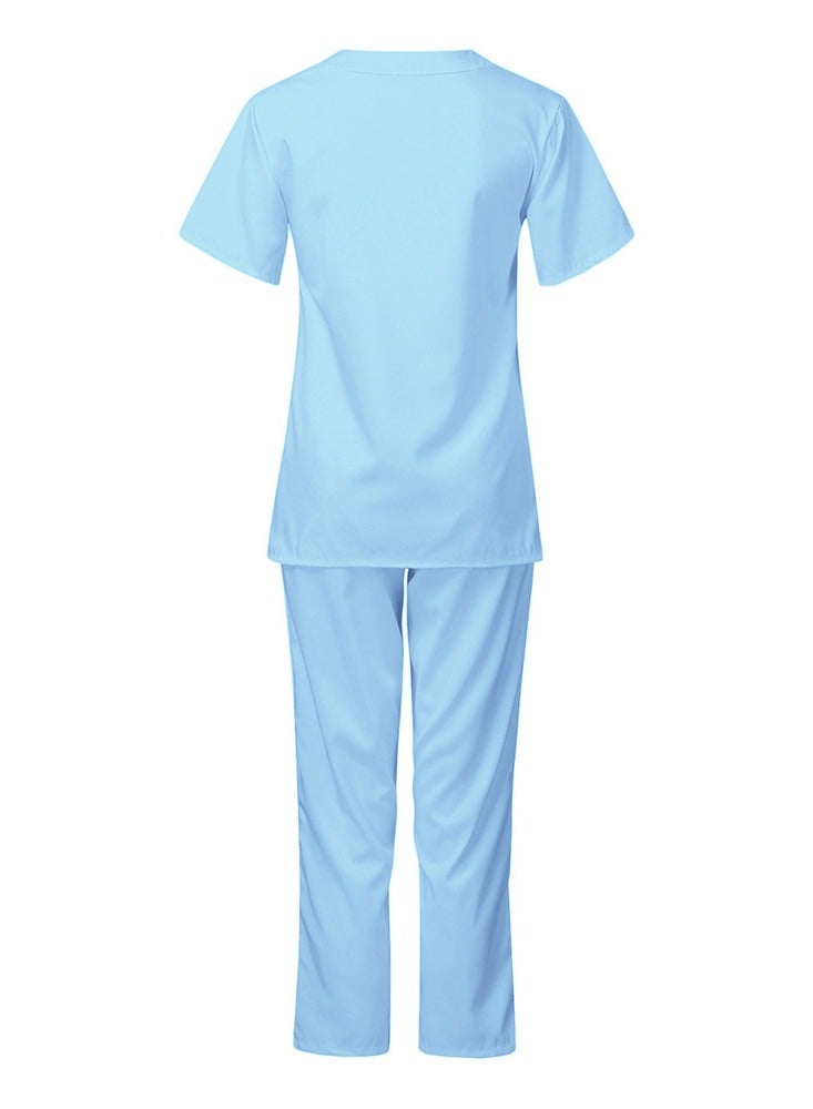 Loquat Medical Uniform Scrubs Set Fast Dry V-Neck Top and Loose Pants Suit Sky Blue - Image 2