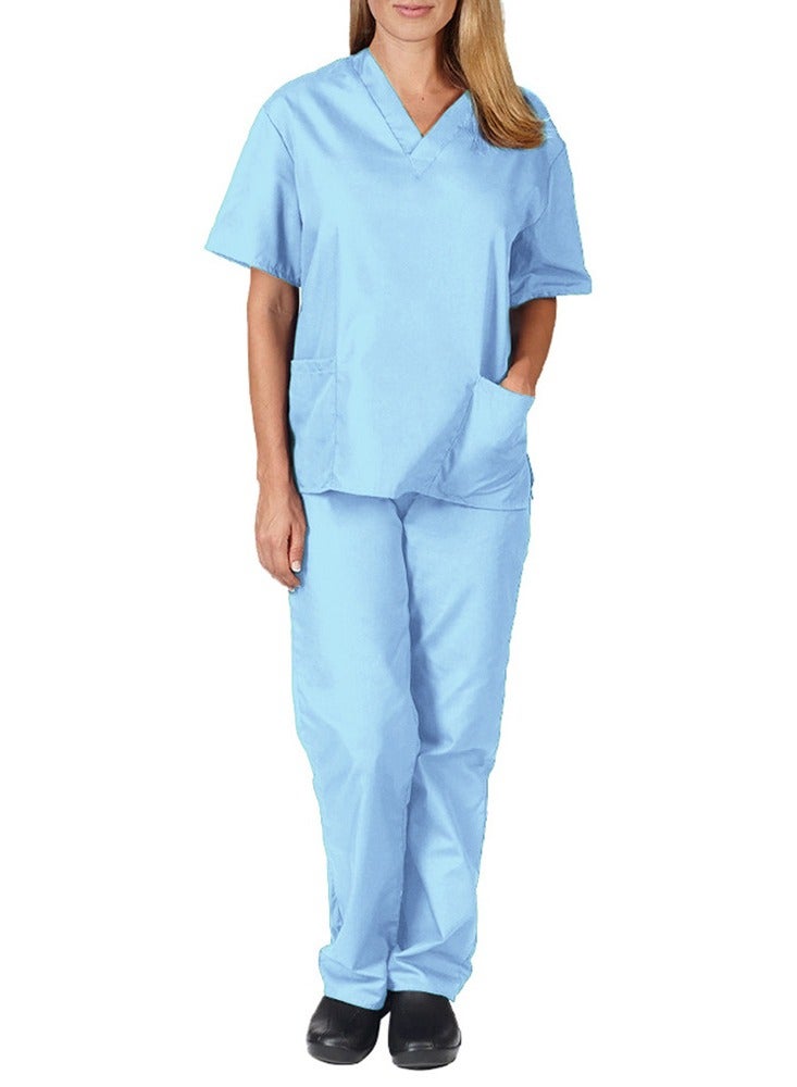 Loquat Medical Uniform Scrubs Set Fast Dry V-Neck Top and Loose Pants Suit Sky Blue - Image 3