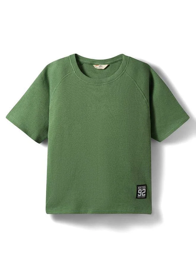 Primo Gino Primo Gino 100% Cotton Waffle Knit Textured Oversized Drop Shoulder Raglan Half Sleeves Solid T-Shirt & Shorts Set - Green