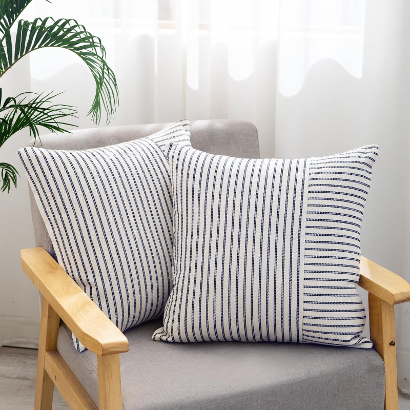 YCOLL Farmhouse Pillow Covers 18x18, Modern Accent Square Throw Pillow Covers Set of 2, Navy and Beige Striped Patchwork Linen Decorative Pillows Cushion Covers for Couch Chair Bedroom Home Decor - Image 2