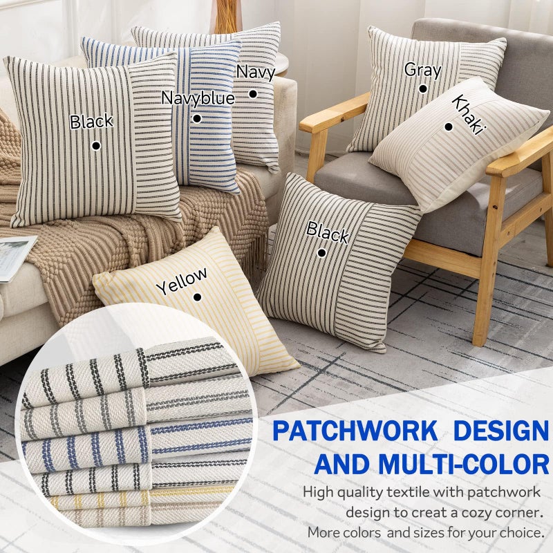 YCOLL Farmhouse Pillow Covers 18x18, Modern Accent Square Throw Pillow Covers Set of 2, Navy and Beige Striped Patchwork Linen Decorative Pillows Cushion Covers for Couch Chair Bedroom Home Decor - Image 5