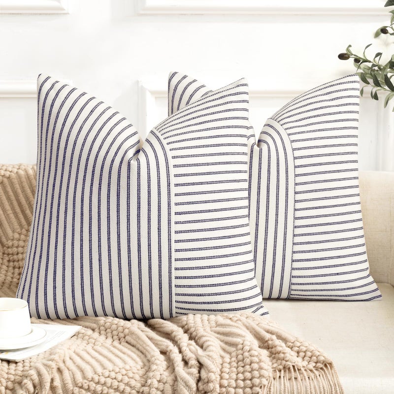 YCOLL Farmhouse Pillow Covers 18x18, Modern Accent Square Throw Pillow Covers Set of 2, Navy and Beige Striped Patchwork Linen Decorative Pillows Cushion Covers for Couch Chair Bedroom Home Decor - Image 1