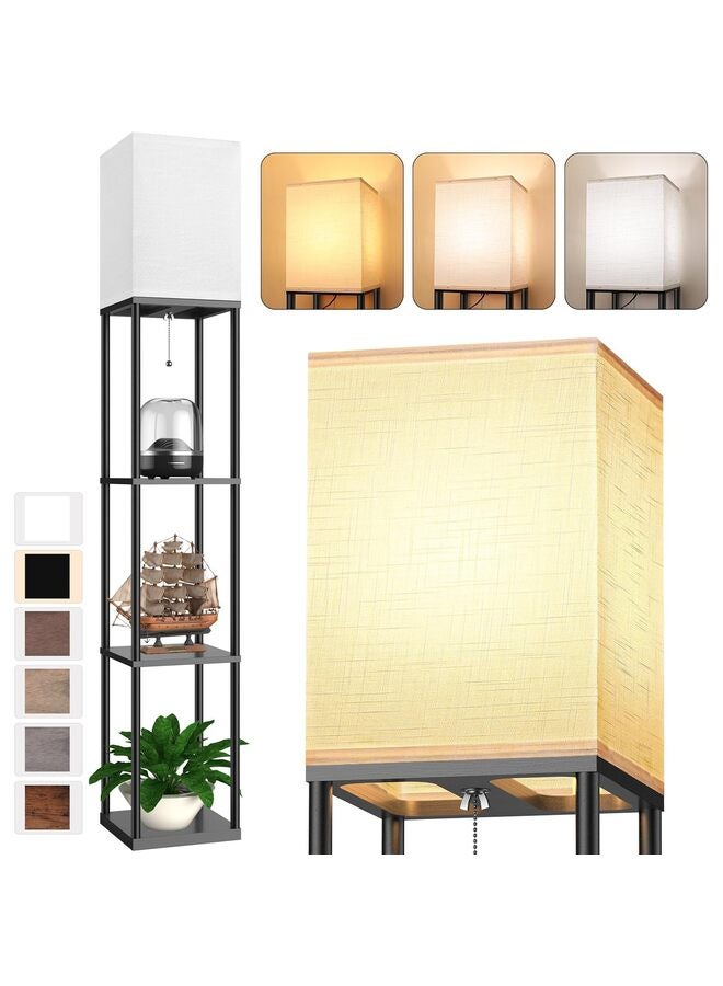 Floor Lamp with Shelves for Living Room, Shelf Floor Lamp with 3 CCT LED Bulb, Corner Display Standing Column Lamp Tower Nightstand with White Linen Shade for Bedroom, Office - Image 1