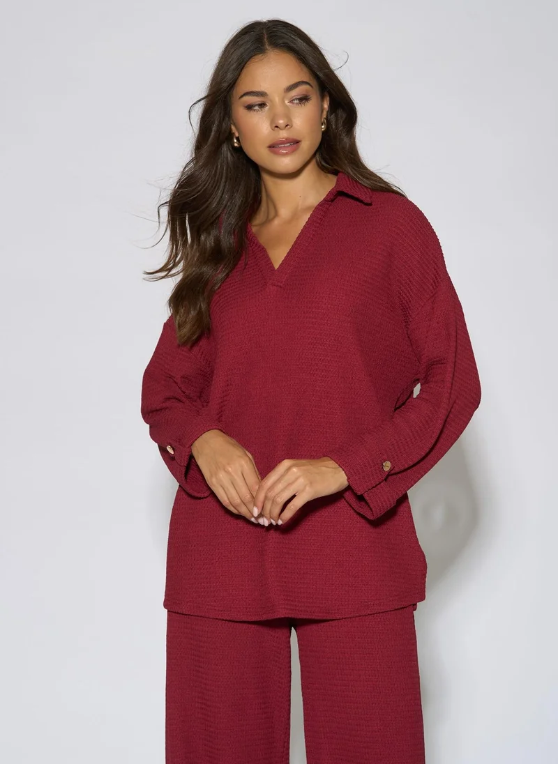 Mulberry Textured V Neck Roll Up Sleeves Top
